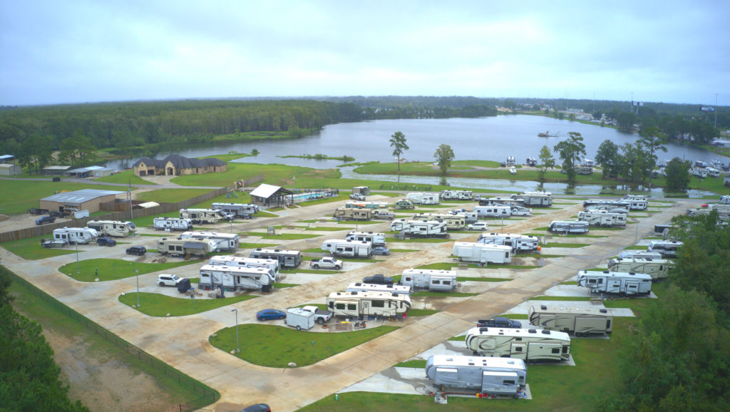 Aerial view of Boomtown lakeside RV park campground resort